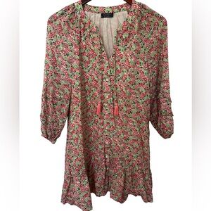 Vineyard Vines Women's XS Pink Green Floral Ruffle Boho Long Sleeve Dress